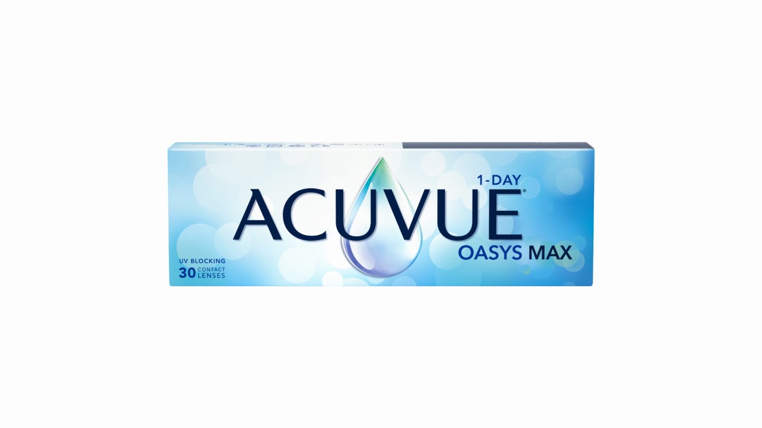 Pudełko soczewek kontaktowych Acuvue Oasys Max 1-Day w kolorach niebieskim i białym z kroplą wody i logo UV Blocking, 30 szt.