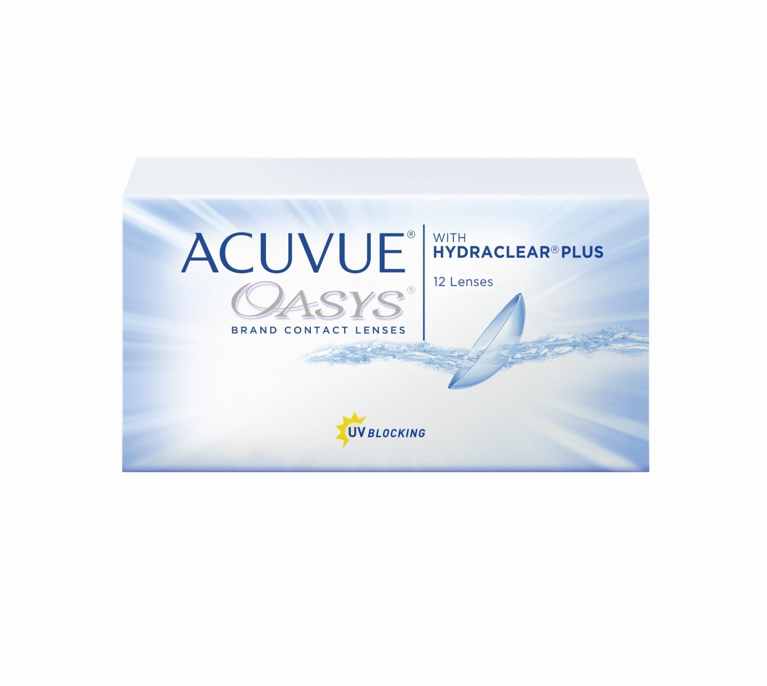Pudełko soczewek kontaktowych Acuvue Oasys na białym tle z niebieskim design'em, logiem HydraClear Plus, ikoną ochrony UV i wizualizacją soczewki w wodzie