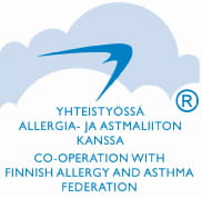 Logo z niebieskim znakiem współpracy organizacji oftalmologicznych, tekst o alergiach i astmie, biały napis rejestracyjny.