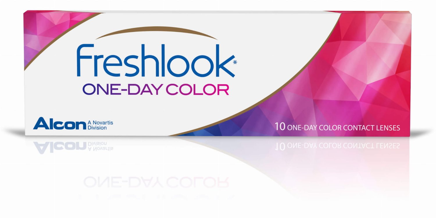 Opakowanie pudełka soczewek kontaktowych Freshlook One-Day Color marki Alcon z niebieskim logotypem, fioletowym i różowym wzorem gradientu, informacją o 10 soczewkach.