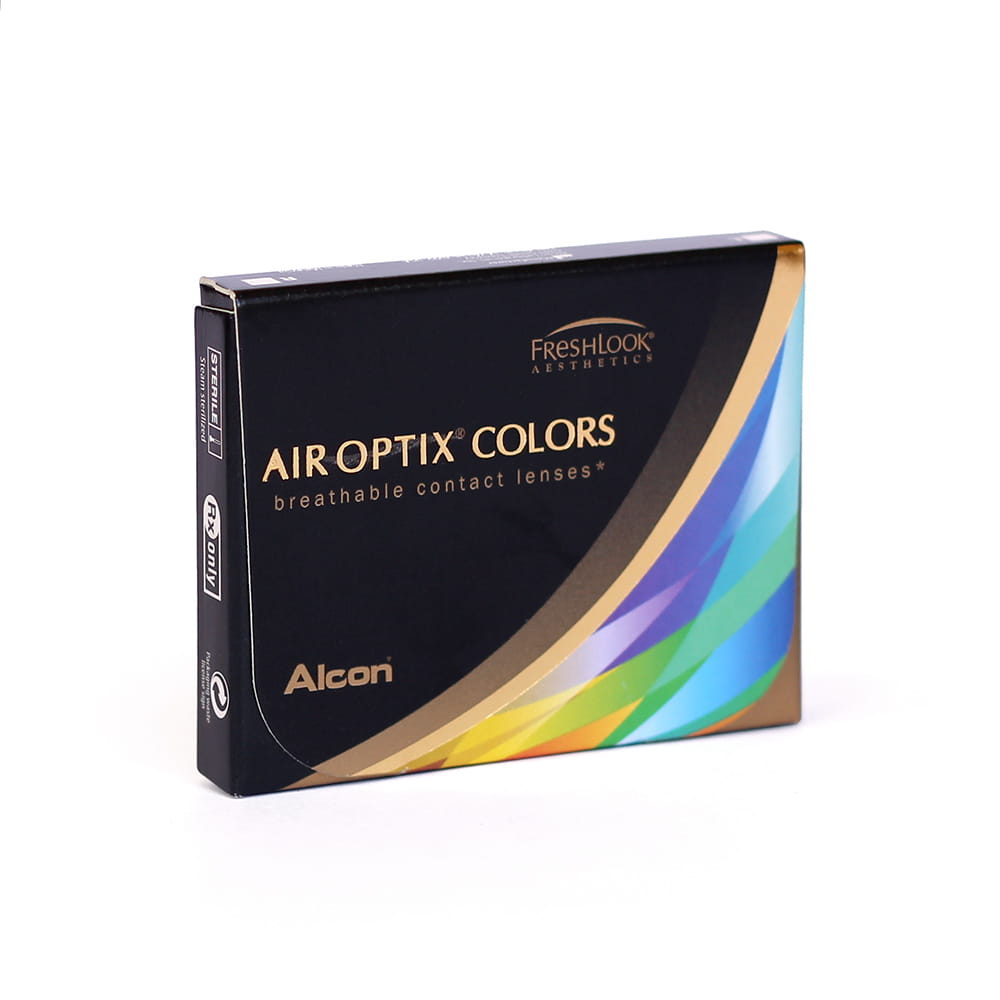 Opakowanie czarne z kolorową tęczą soczewek kontaktowych Air Optix Colors marki Alcon, widok z przodu.