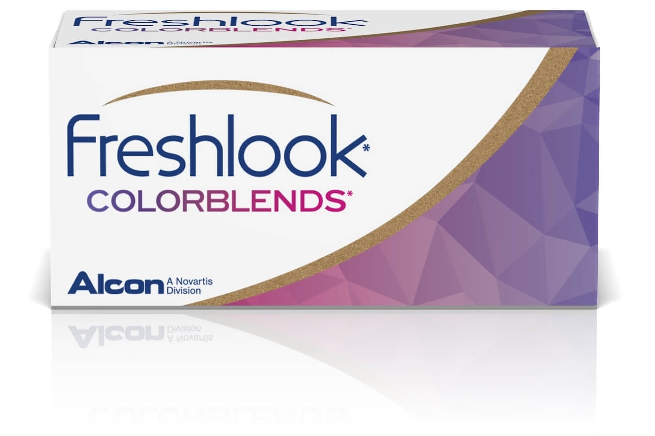 Opakowanie soczewek kontaktowych Freshlook ColorBlends marki Alcon na białym tle, dekoracje w odcieniach fioletu i różu z złotym paskiem.
