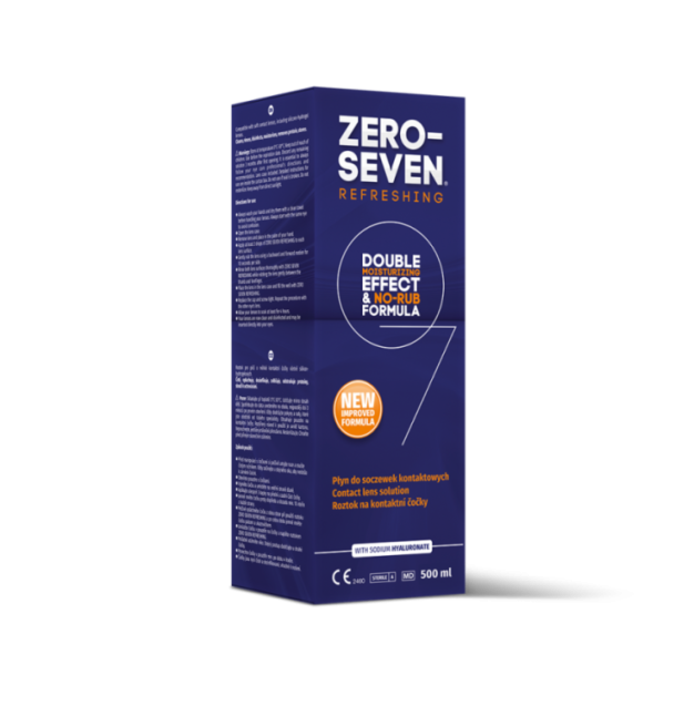 Pudełko kosmetyku w kolorze ciemnoniebieskim z napisem "Zero-Seven Refreshing" i logiem "Double Effect", na białym tle, pojemność 500 ml.